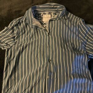 Men’s Light Blue Striped Short Sleeve Button Up-Denim & Flower